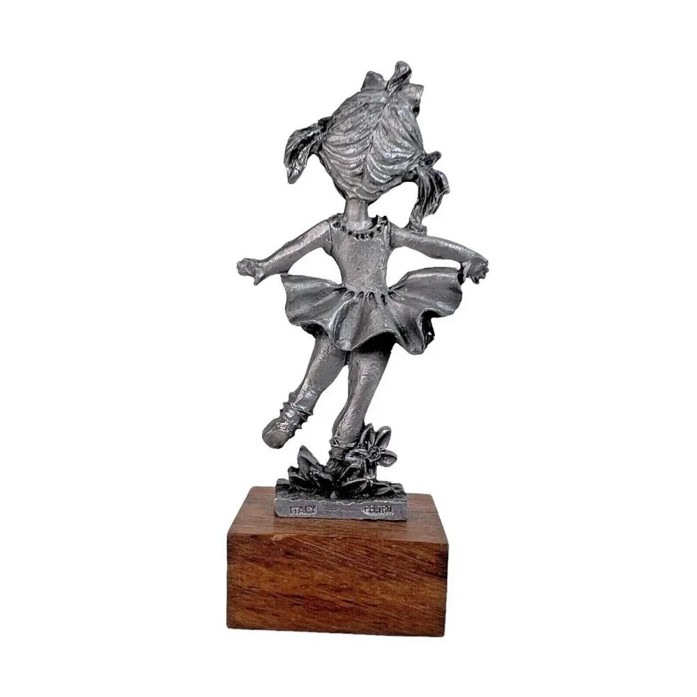 Peltro Pewter Girl Ballerina Figurine On Wood Stand Made In Italy‎ 3” Tall VTG